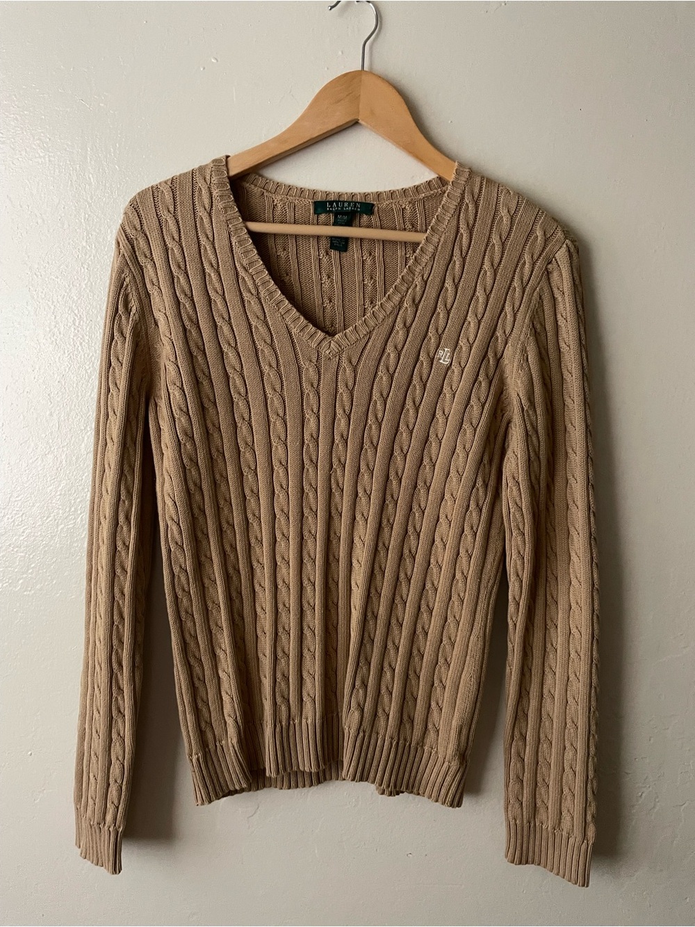 Ralph Lauren Tan Cable-Knit V-Neck Sweater